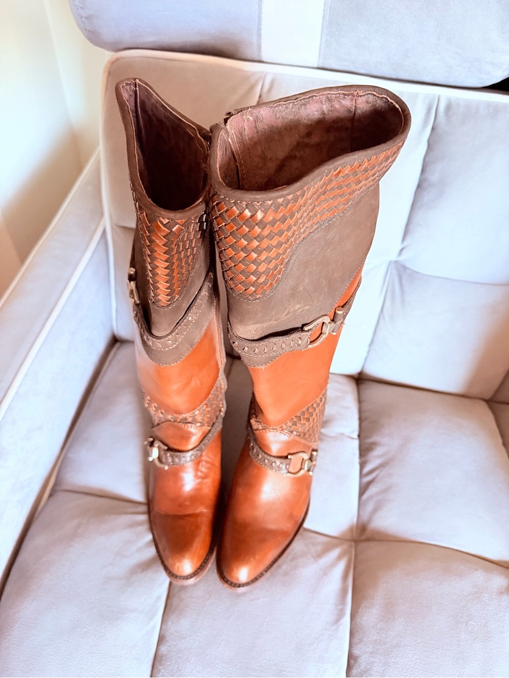 Women's Two-Tone Brown Leather Mid-Calf Booties - Brown/Tan